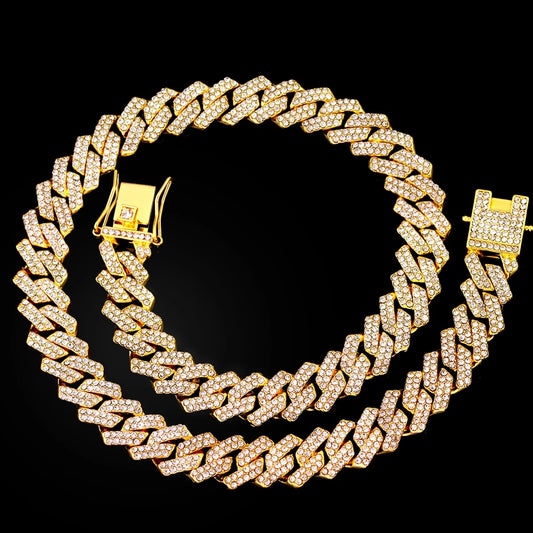 16/18/20/22/24inch Prong Cuban Link Chain for Women Men Iced Out 2 Row Rhinestone Miami Rhombus Hip Hop Cuban Necklaces Jewelry