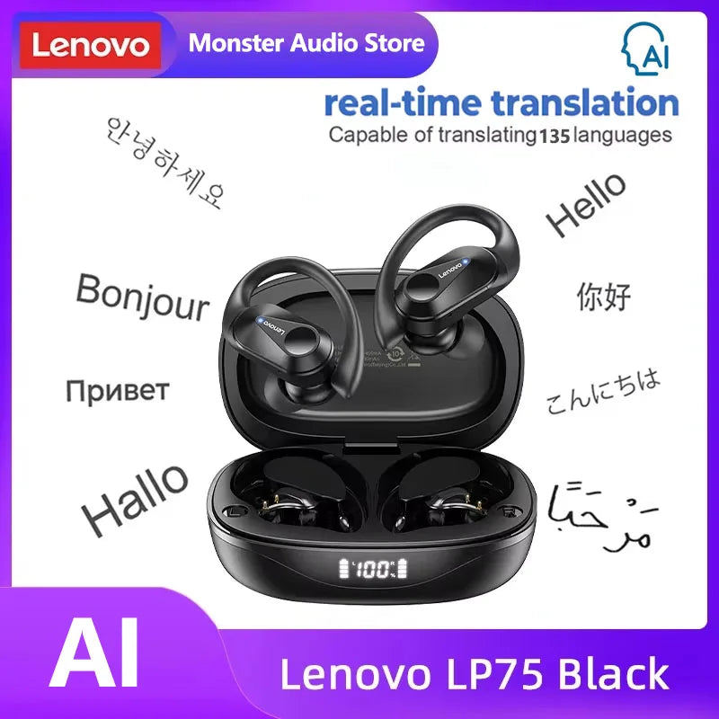 Auriculares originales Lenovo LP75 TWS Bluetooth V5.3, inalámbricos, con pantalla digital LED, reducción de ruido, resistentes al agua, nuevos.