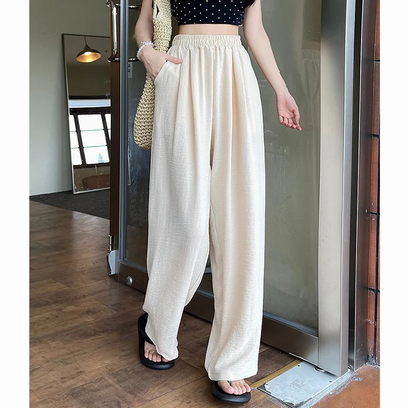 Pantalones de seda helada de colores dulces para mujer, holgados, versátiles, elásticos, de pierna recta, de cintura alta y pierna ancha, para verano