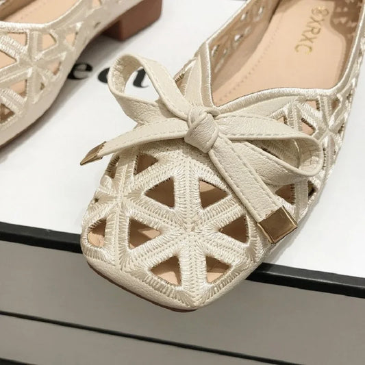 2025 New French Style Bow Flat Sandals Women Geometric Cut-Out Peep-Toe Breathable Summer Beige Shoes for Dresses