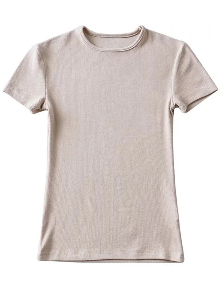 Camiseta informal de verano para mujer, ajustada, de manga corta, con cuello redondo, básica, lisa, corta