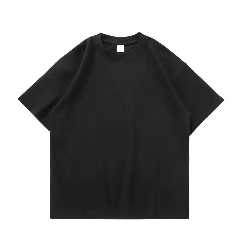 Camiseta de algodón puro resistente, negra y blanca, de 500 g, con cuello redondo, hilo grueso, manga corta y tres agujas.