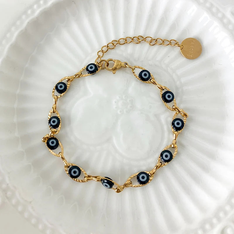May@RZ Turkish Evil's Eye Fashion Stainless Steel Bracelet For Men And Women 14K Gold Plated Classy Jewelry Daily Wear Bracelet
