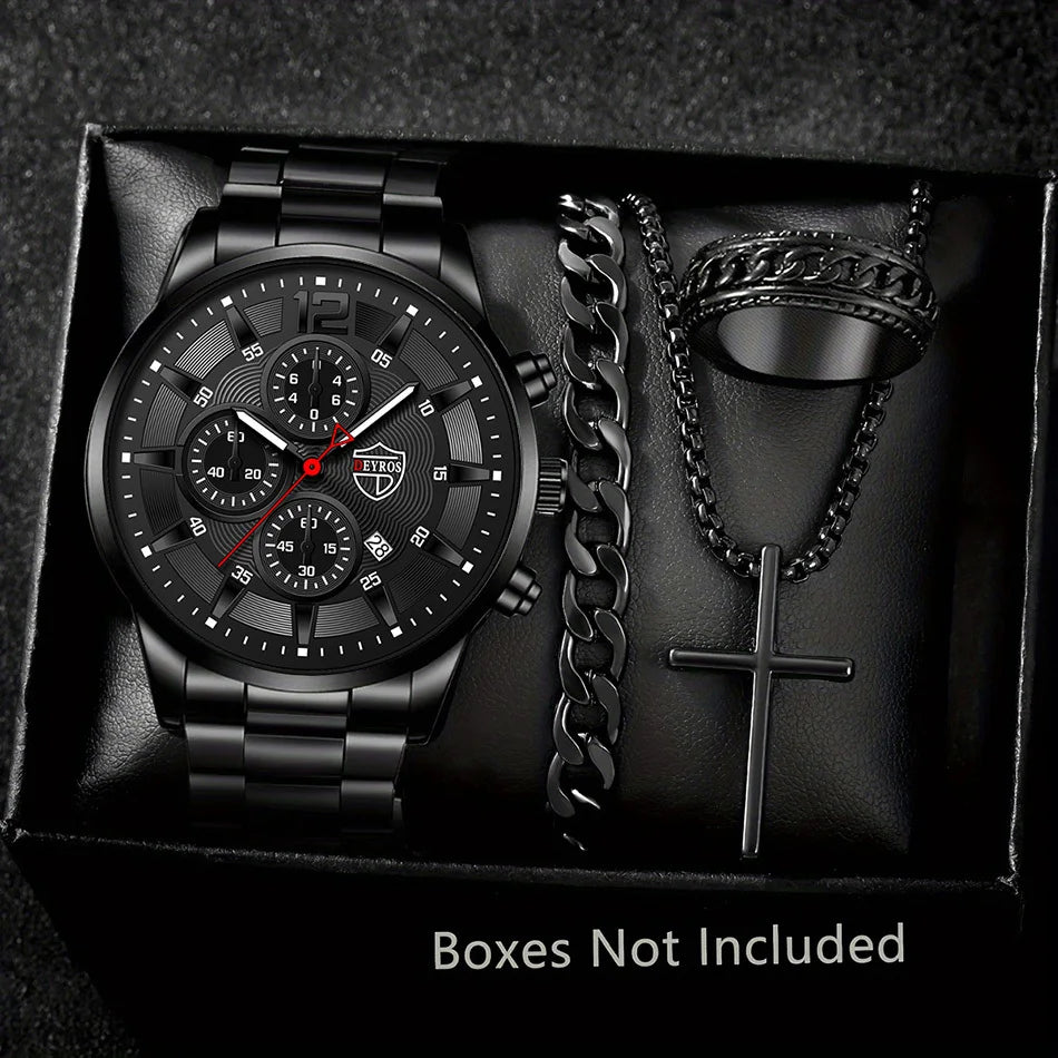4pcs Classic Black Men's Watch Quartz Watches Are Suitable for Everyday Wear