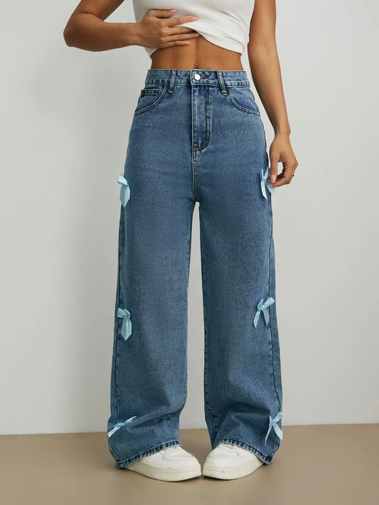 Women Jeans Wide Leg Pants Bow Washed High Waist 2025 Streetwear Denims Distressed Vintage Straight Ankle Length Trousers