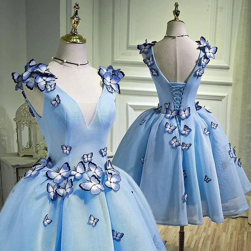 BOMARIS Vestido corto de tul con escote en V azul para fiesta de graduación, diseño único de mariposas en 3D, minivestido de fiesta de graduación de octavo grado, personalizado