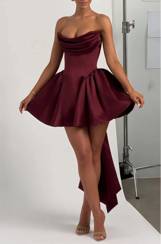 A Line Mini Customized Prom Dresses Pleat Strapless Corset Homecoming Gowns Satin Bridal Gown 2025 with Bow Vestido De Noival