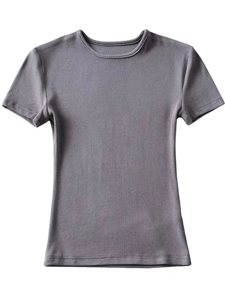 Camiseta informal de verano para mujer, ajustada, de manga corta, con cuello redondo, básica, lisa, corta