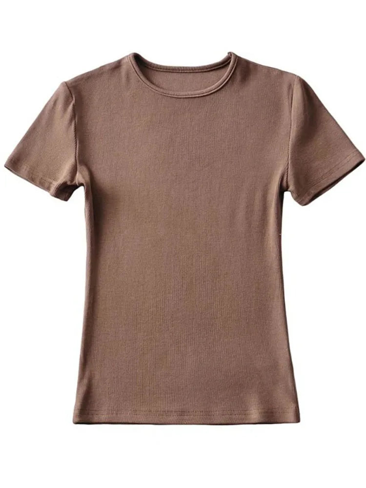 Camiseta informal de verano para mujer, ajustada, de manga corta, con cuello redondo, básica, lisa, corta