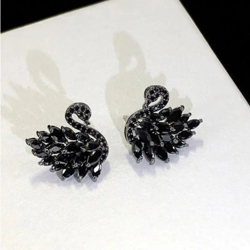 Elegant Rhinestone Black Swan Earrings For Women Korean Fashion Zircon Swan Bird Animal Earrings Lady Party Jewelry Girls Gifts