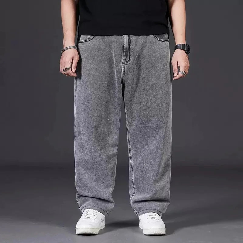 Pantalones vaqueros holgados de talla grande para hombre, de otoño, de corte recto, informales, con cintura elástica y pierna ancha.
