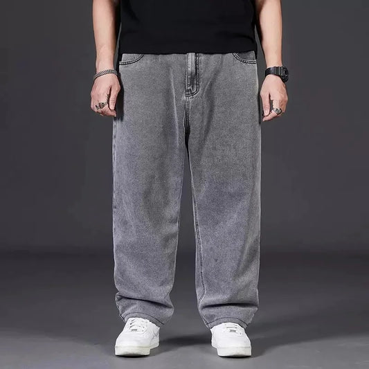 Plus Size Jeans Men's Autumn Loose-Fit Straight-Leg Casual Denim Pants Elastic Waist Wide-Leg Design For Plus Size Men