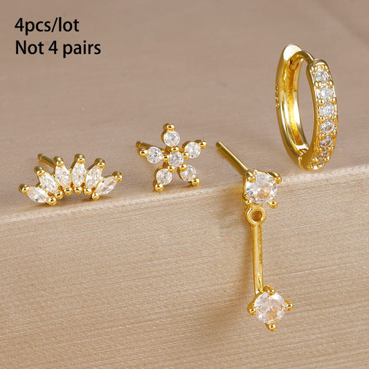 4PCS Stainless Steel Circle Huggie Hoop Earrings Set for Women Gold Color Unique Zircon Flower Stud Earring Piercing Jewelry