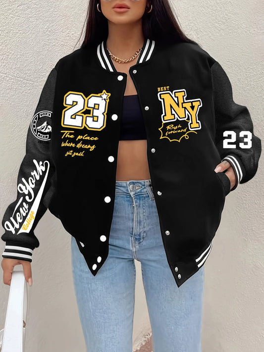 New York Art Letter 23 Printed Women Jacket Harajuku Fleece Baseball Jersey Button Personality Streetwear Vintage Loose Clothing