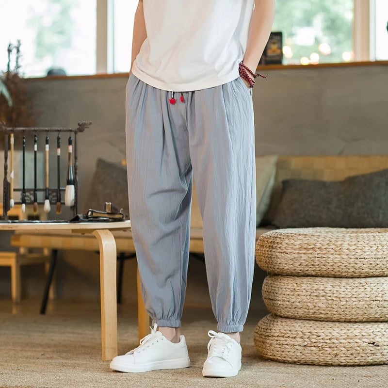 Pantalones de algodón y cáñamo para hombre, holgados, con cordón ajustable, estilo harén, estilo japonés, primavera y otoño, tallas M-5XL, 2024