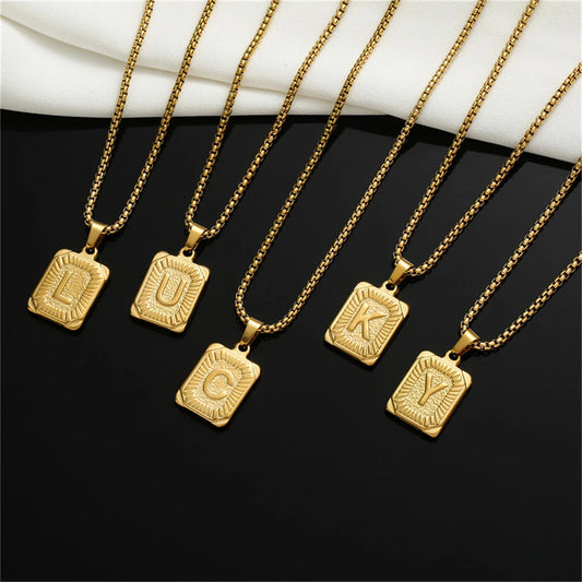 Initials Pendant Letter Necklace For Women Men Gold Color Silver Color Square Alphabet Charm Box Link Chain Couple Pendant