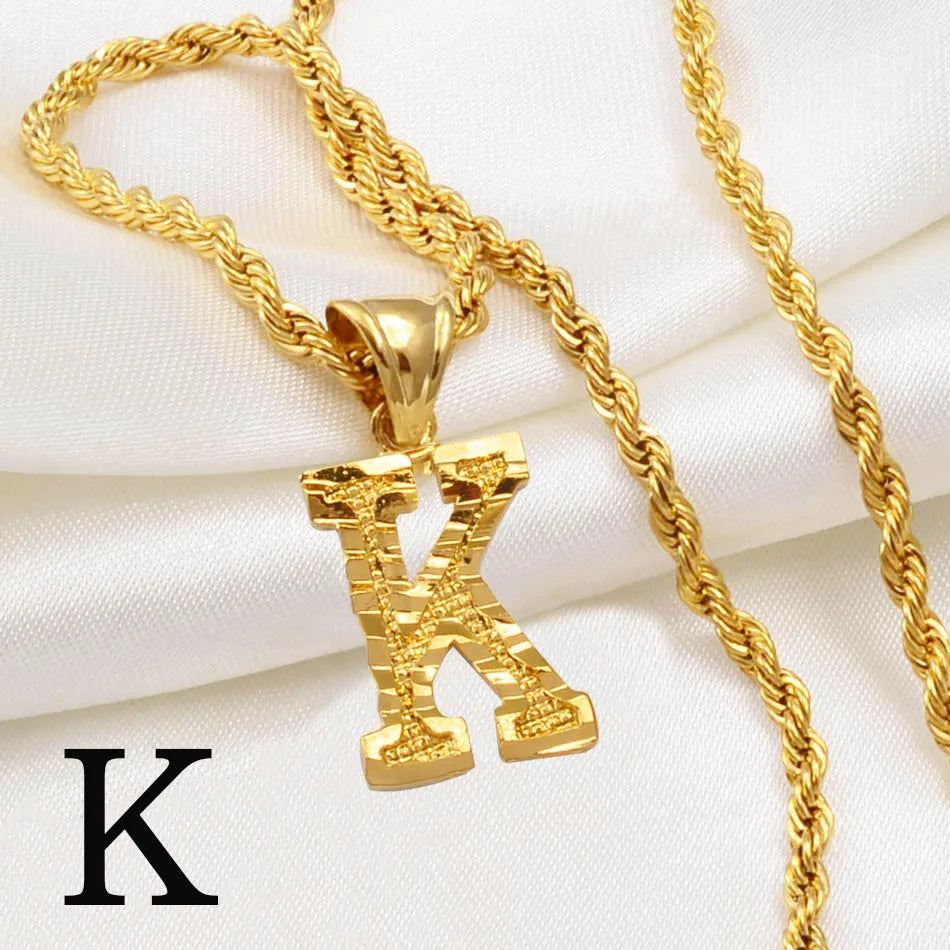 Anniyo A-Z Letters Necklaces Women Men Gold Plated Initial Pendant Rope Chain English Letter Jewelry Alphabet African #058002B