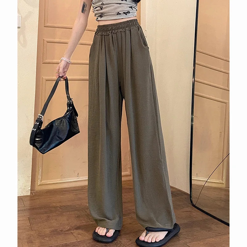 Pantalones de seda helada de colores dulces para mujer, holgados, versátiles, elásticos, de pierna recta, de cintura alta y pierna ancha, para verano