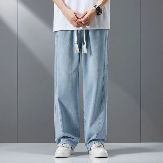 Streetwear Fashion Baggy Jeans Men Vintage Washed Straight Elastic Waist Wide-leg Pants Youth Trendy Y2k Casual Denim Trousers