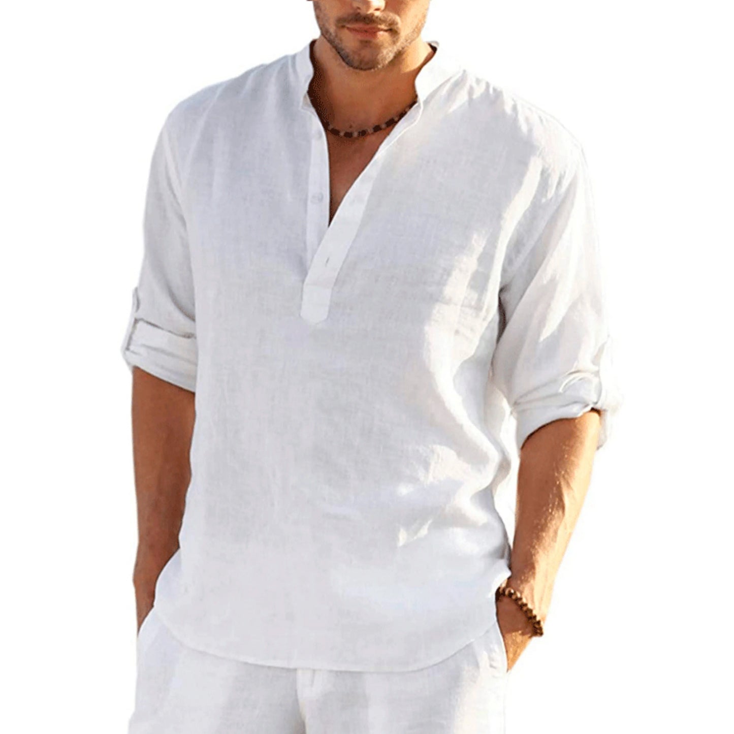 Camisas casuales, camisas holgadas de algodón para hombre, camisetas de manga larga de color sólido con cuello alto de moda, blusas elegantes de corte ajustado