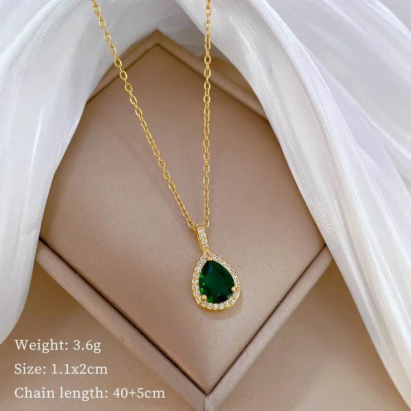 DIEYURO 316L Stainless Steel Steell Green Water Droplet Inlay Zircon Pendant Necklace Earrings Set Girl New Trend Jewelry Gift
