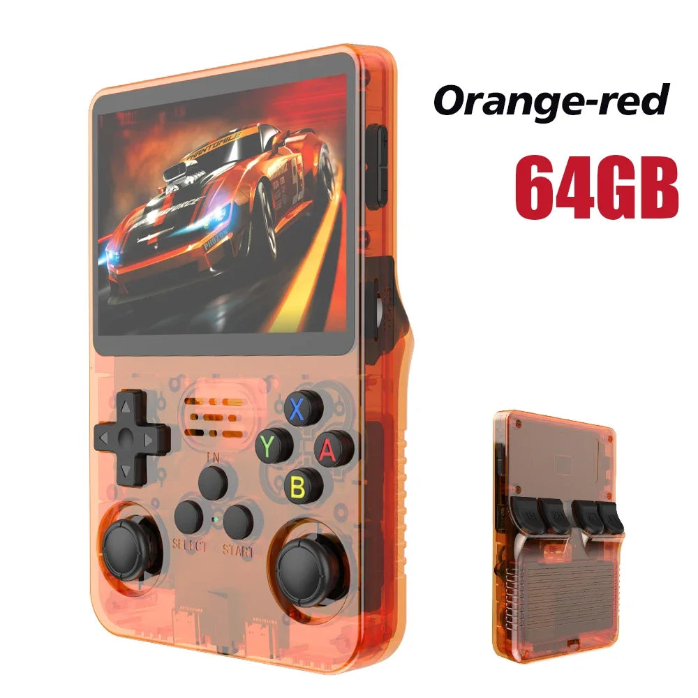 Consola de videojuegos R36S de código abierto de 128 GB, sistema Linux, pantalla IPS de 3,5 pulgadas, reproductor de vídeo portátil de bolsillo naranja, 64 GB, los mejores juegos