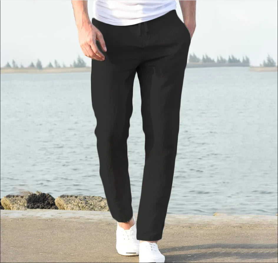 Pantalones harén de lino y algodón para hombre, pantalón informal, holgado, con cintura elástica, 2025