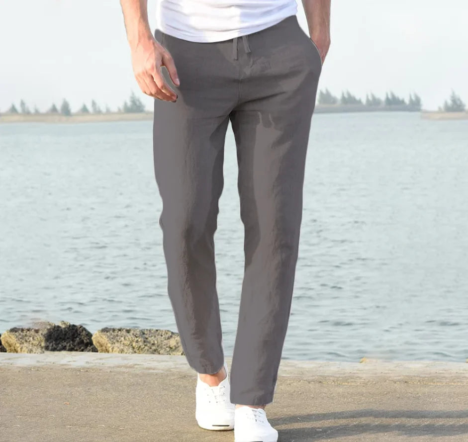 Pantalones harén de lino y algodón para hombre, pantalón informal, holgado, con cintura elástica, 2025