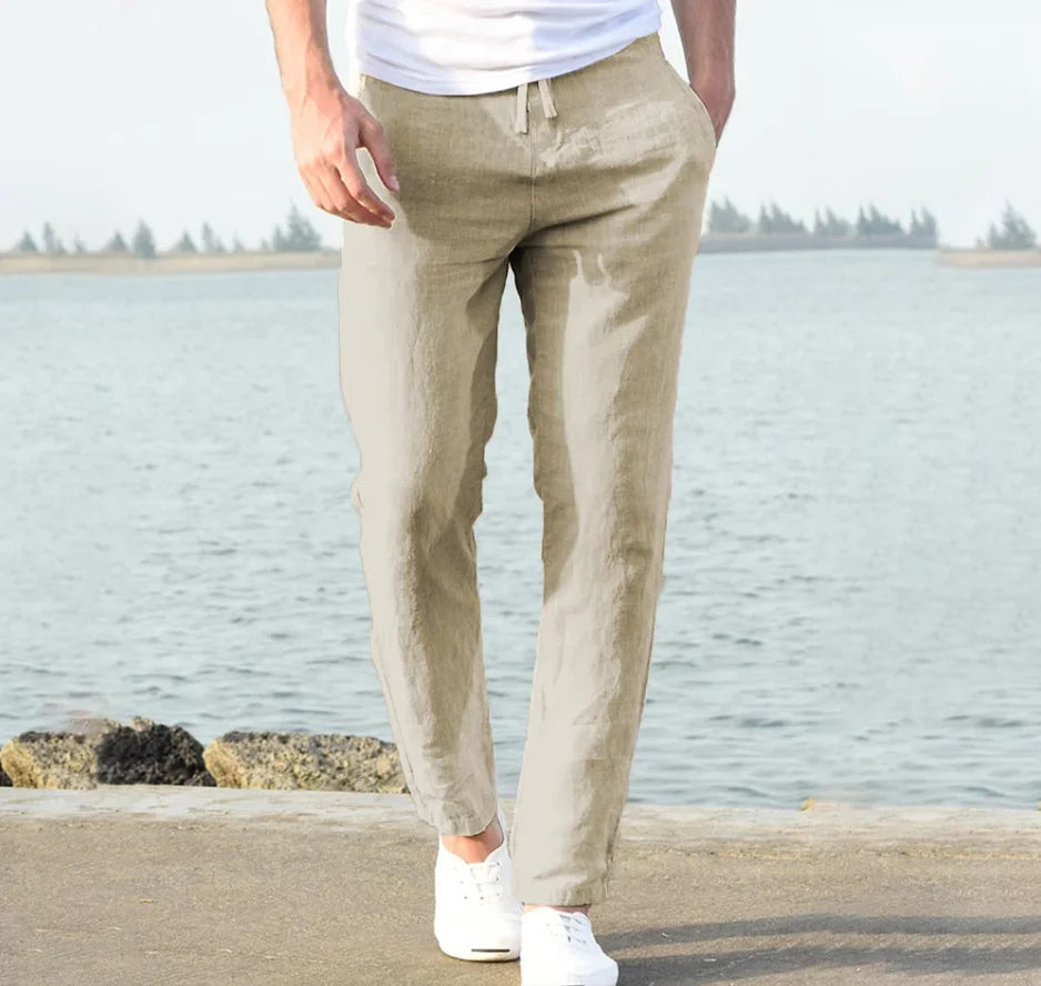 Pantalones harén de lino y algodón para hombre, pantalón informal, holgado, con cintura elástica, 2025