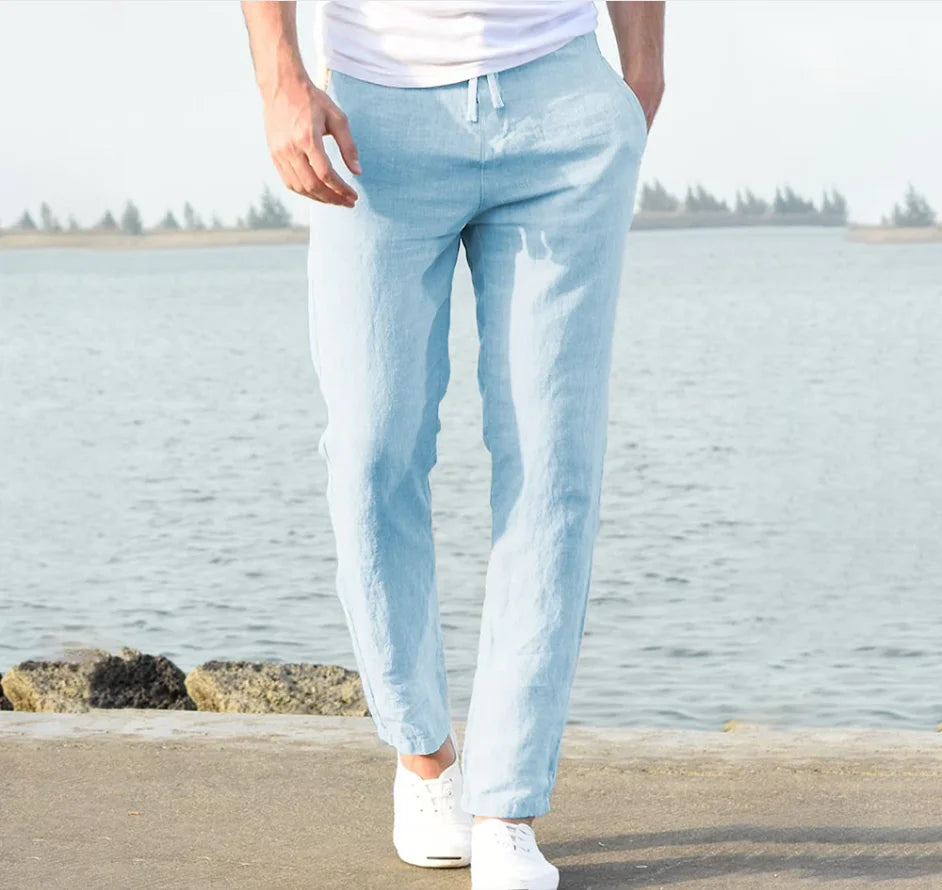 Pantalones harén de lino y algodón para hombre, pantalón informal, holgado, con cintura elástica, 2025