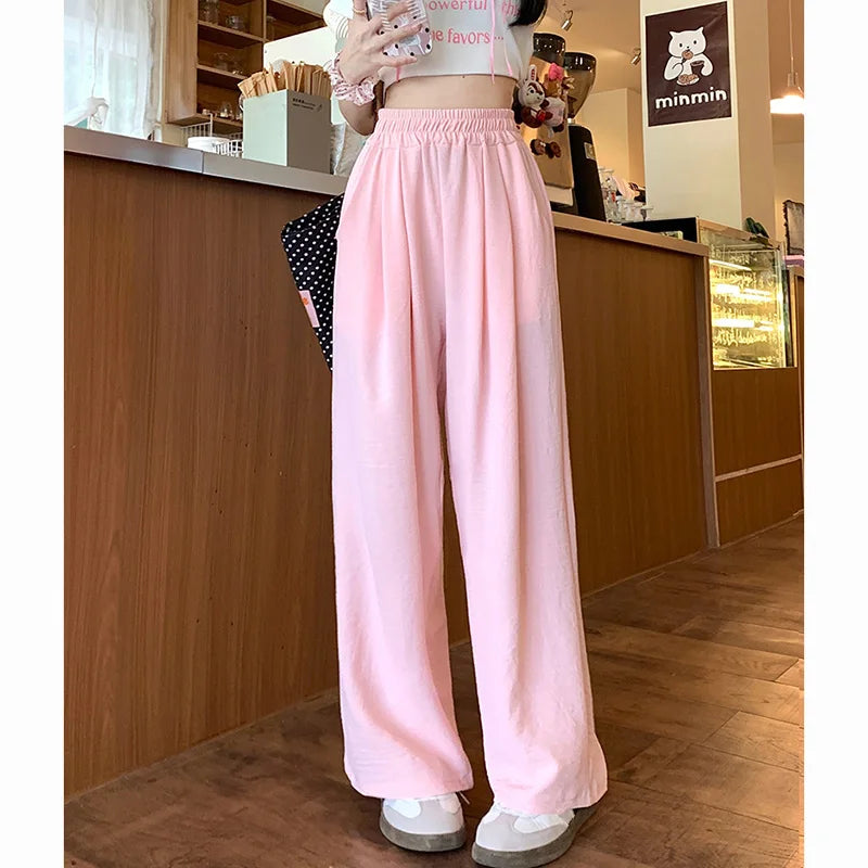 Pantalones de seda helada de colores dulces para mujer, holgados, versátiles, elásticos, de pierna recta, de cintura alta y pierna ancha, para verano
