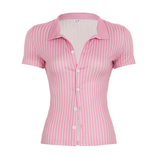 Sweetown Blue Stripe Short Sleeve Shirts For Women Button Up Turn Down Collar Slim Simple Casual Preppy Tops Basic Summer Tees