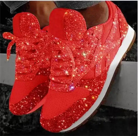 2024 New Women Flat Sneakers Casual Bling Vulcanized Shoes Women Mesh Lace Up Platform Plus Size Fashion Outdoor Woman Shoes