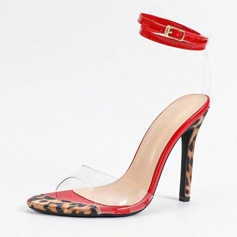 Liyke - Sandalias de tacón alto con estampado de leopardo, transparentes, de charol rojo, con tiras en el tobillo, para mujer, para fiesta, stripper, talla 43
