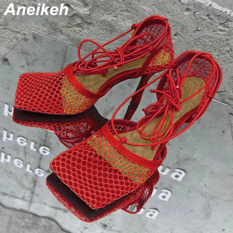Aneikeh 2025 - Sandalias de malla sexys de verano para mujer, con punta cuadrada, tacón alto, cordones cruzados, zapatos de fiesta con tacón de aguja calado