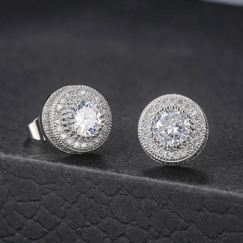 Shining Stainless Steel CZ Stud Earrings For Men Clear Round Zircon Stone Gothic Earrings Women Accessories Fashion Jewelry