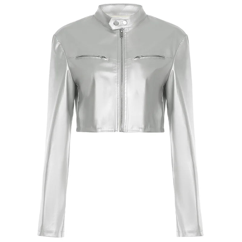 Chaqueta corta con cremallera y cuello alto plateado versátil con ombligo descubierto y corte entallado para chica de calle picante