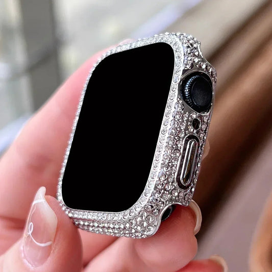 Rhinestone Decor Tempered Glass Screen Protector Watch Case For Apple Watch 38/40/41/42/44/45/46mm,Series SE/10/9/8/7/6/5/4/3/2