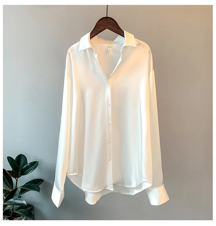 Blusa de manga larga para mujer, estilo oficina, otoño 2023, de satén, elegante, estilo coreano, de diseñador de lujo.