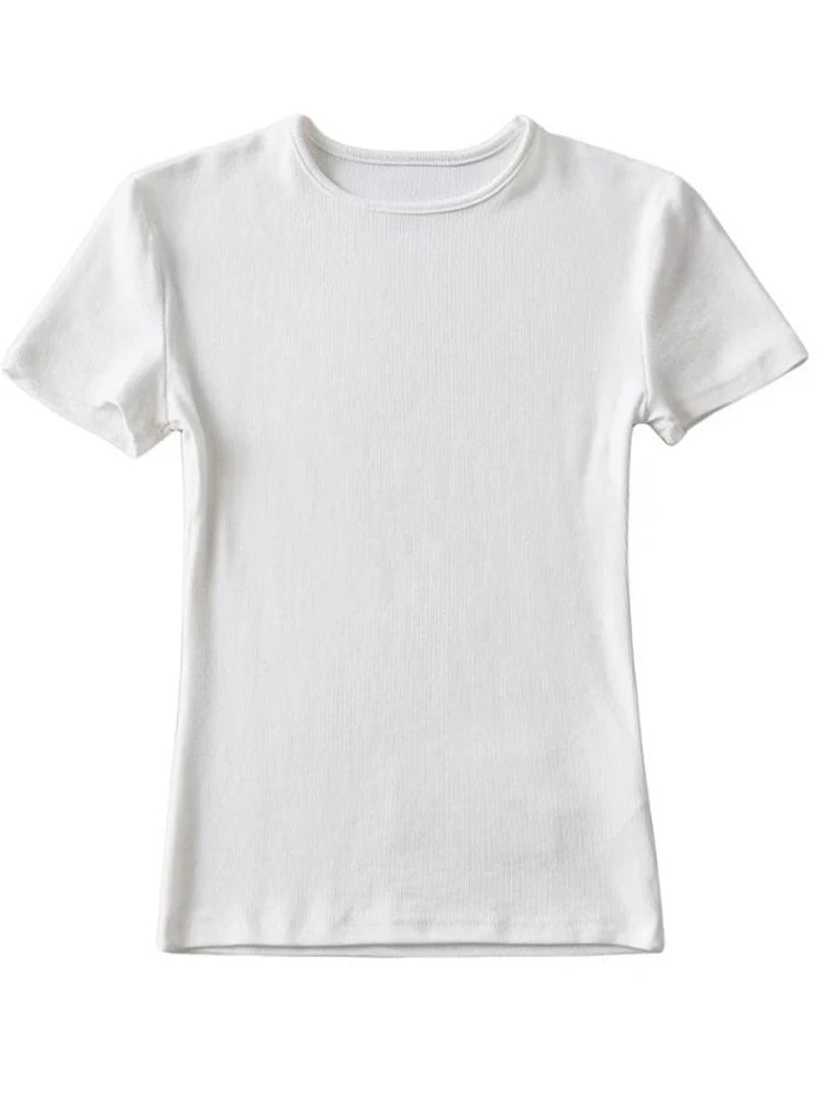 Camiseta informal de verano para mujer, ajustada, de manga corta, con cuello redondo, básica, lisa, corta