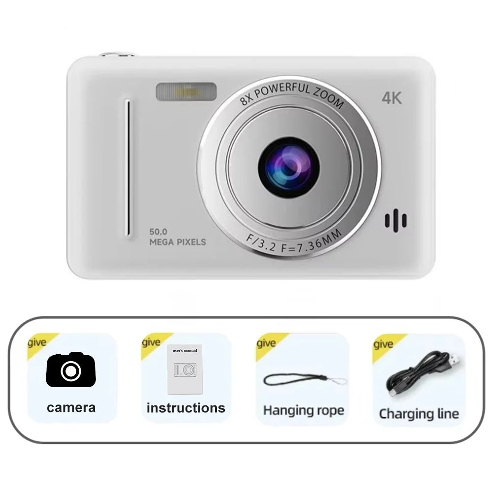 Cámara digital 4K de 50 MP HD para fotografía, viajes, selfies, para niños, con zoom 8x, videocámara compacta, cámara pequeña de bolsillo para estudiantes.