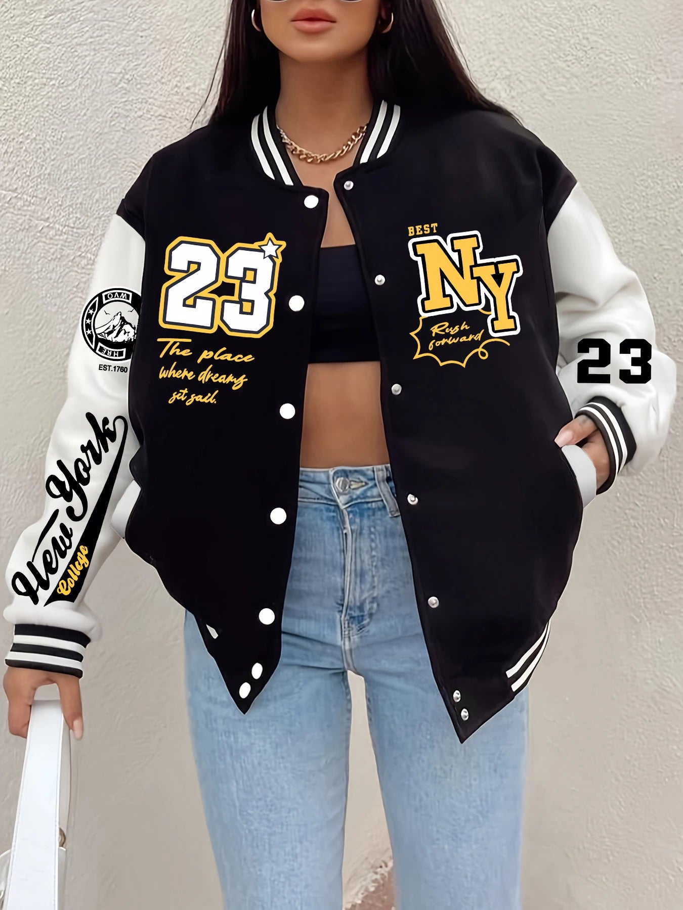 Chaqueta con estampado de la letra 23 de Nueva York para mujer, jersey de béisbol de forro polar Harajuku, botones, ropa de calle con personalidad, ropa holgada vintage