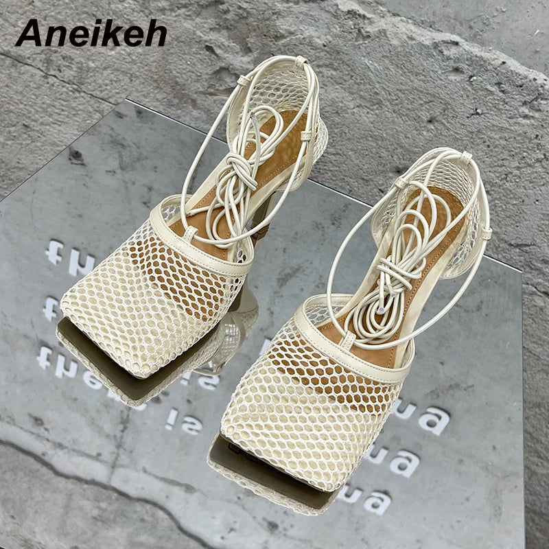 Aneikeh 2025 - Sandalias de malla sexys de verano para mujer, con punta cuadrada, tacón alto, cordones cruzados, zapatos de fiesta con tacón de aguja calado