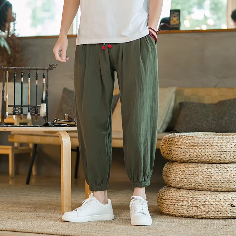 Pantalones de algodón y cáñamo para hombre, holgados, con cordón ajustable, estilo harén, estilo japonés, primavera y otoño, tallas M-5XL, 2024