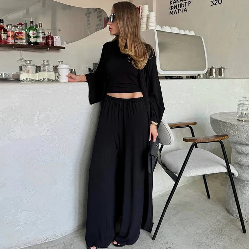 Conjunto de camisa informal, abrigo y pantalón para mujer, camisa lisa con cuello redondo, abrigo largo holgado y pantalones de pierna ancha, moda de verano 2025 para mujer, conjunto de 3 piezas