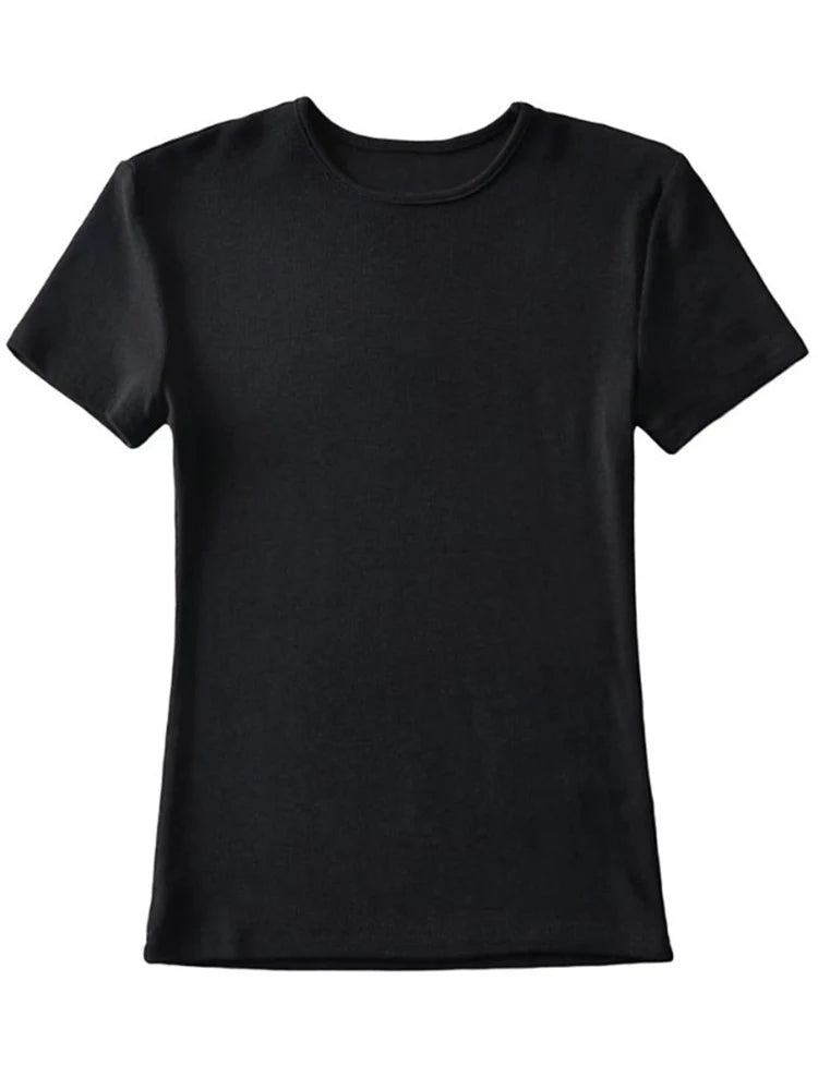 Camiseta informal de verano para mujer, ajustada, de manga corta, con cuello redondo, básica, lisa, corta