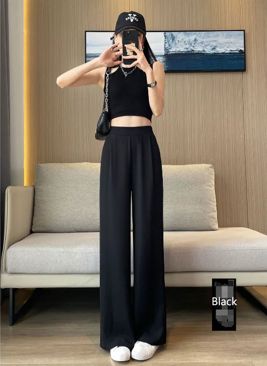Pantalones casuales para mujer, traje negro con colgante de alto sentido, pierna ancha, cintura alta, pierna recta, pantalones sueltos para mujer
