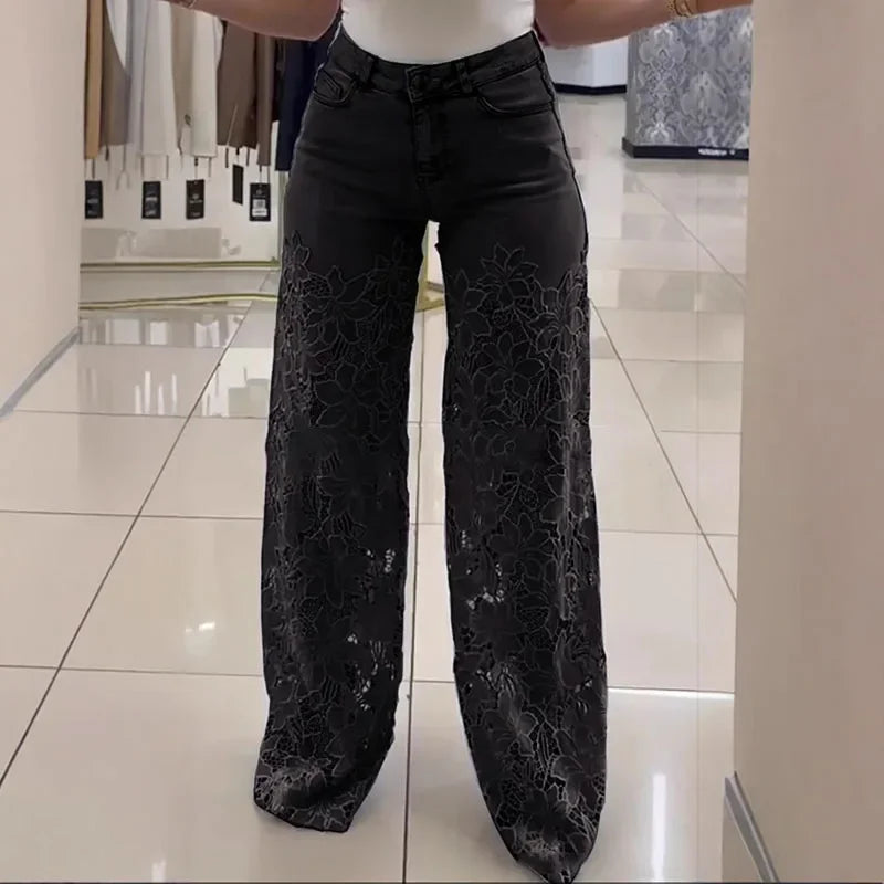 Pantalones vaqueros elásticos de talla grande para mujer con encaje recortado, pantalones anchos de cintura alta, elegantes y chic para verano.