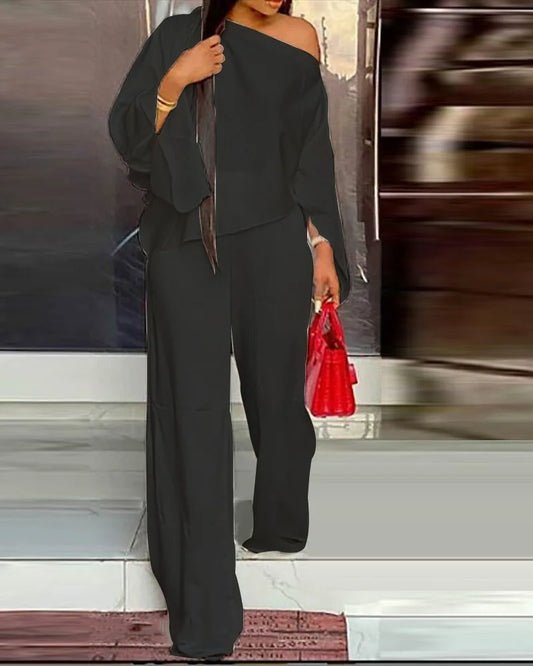 Women's Wide Leg Pants Two Piece Set Fashion Off Shoulder Shirt And Pants Sets Autumn Winter Casual Loose Solid Suit