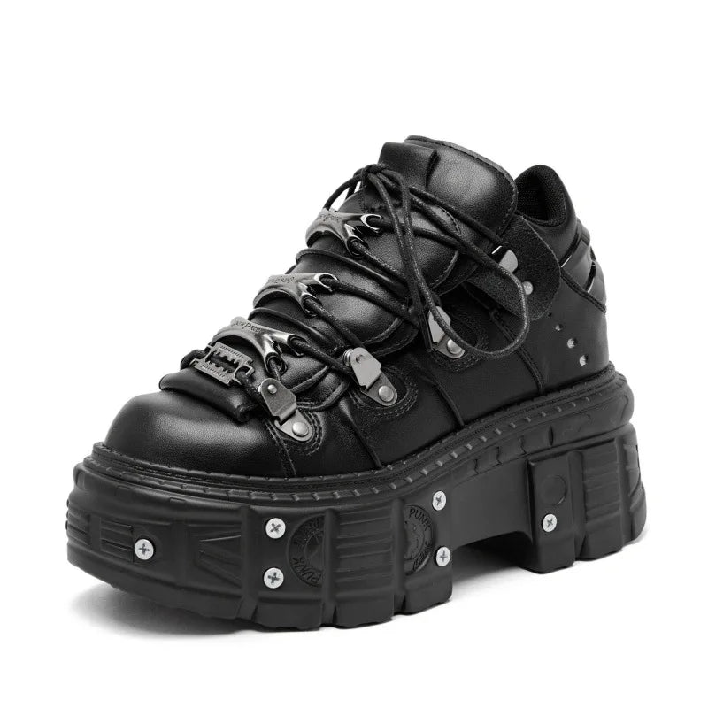 Zapatos negros estilo punk para mujer, con plataforma y tacón alto, con cordones y decoración rock metal, botines góticos para hombre, novedad 2025